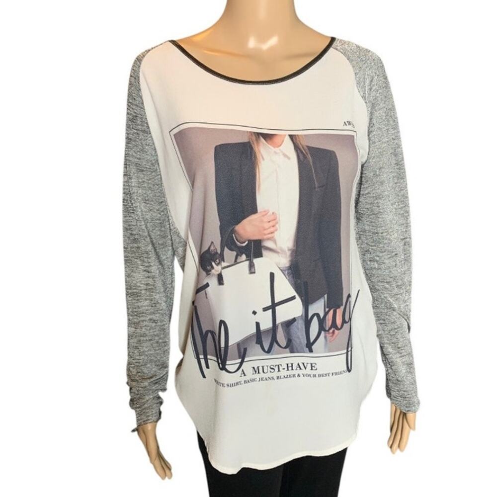 ZARA w&b Collection Women's Small Tunic Blouse Art Design Gray White Oversized